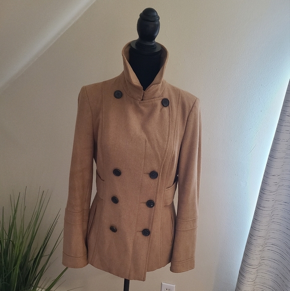 🌟MODA International Double-Breasted Wool-Blend Pea Coat, Camel Tan Size Small - Picture 3 of 9